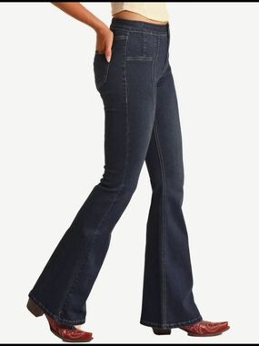 High Rise Pintuck Button Flare Jeans